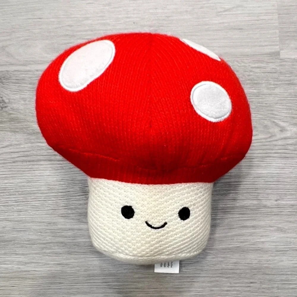 Cute Knitted‎ Mushroom Plush Toy Red White Face Smiley Kawaii Stuffed Animal